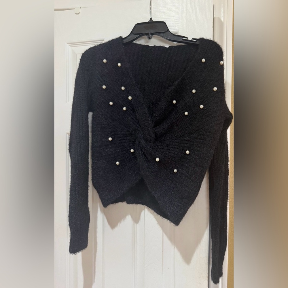 Black Pearl-Embellished Twist-Front Women's Sweater
